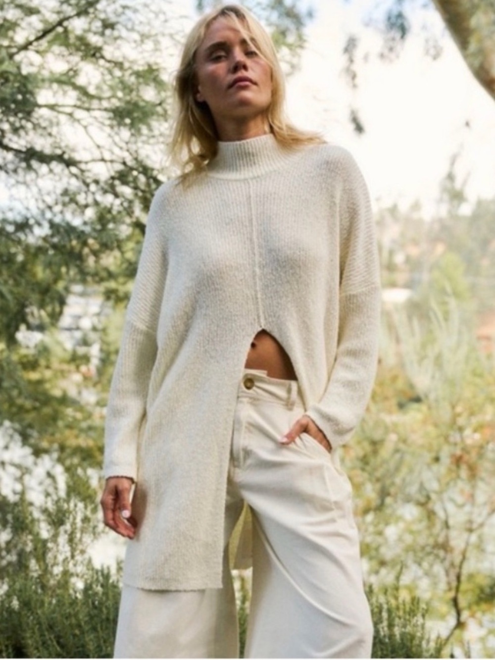 Free People Cream Split-Hem Mock Neck Sweater